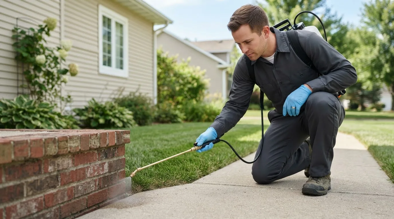 Pest control technician treating a home near Bledsoe, TX