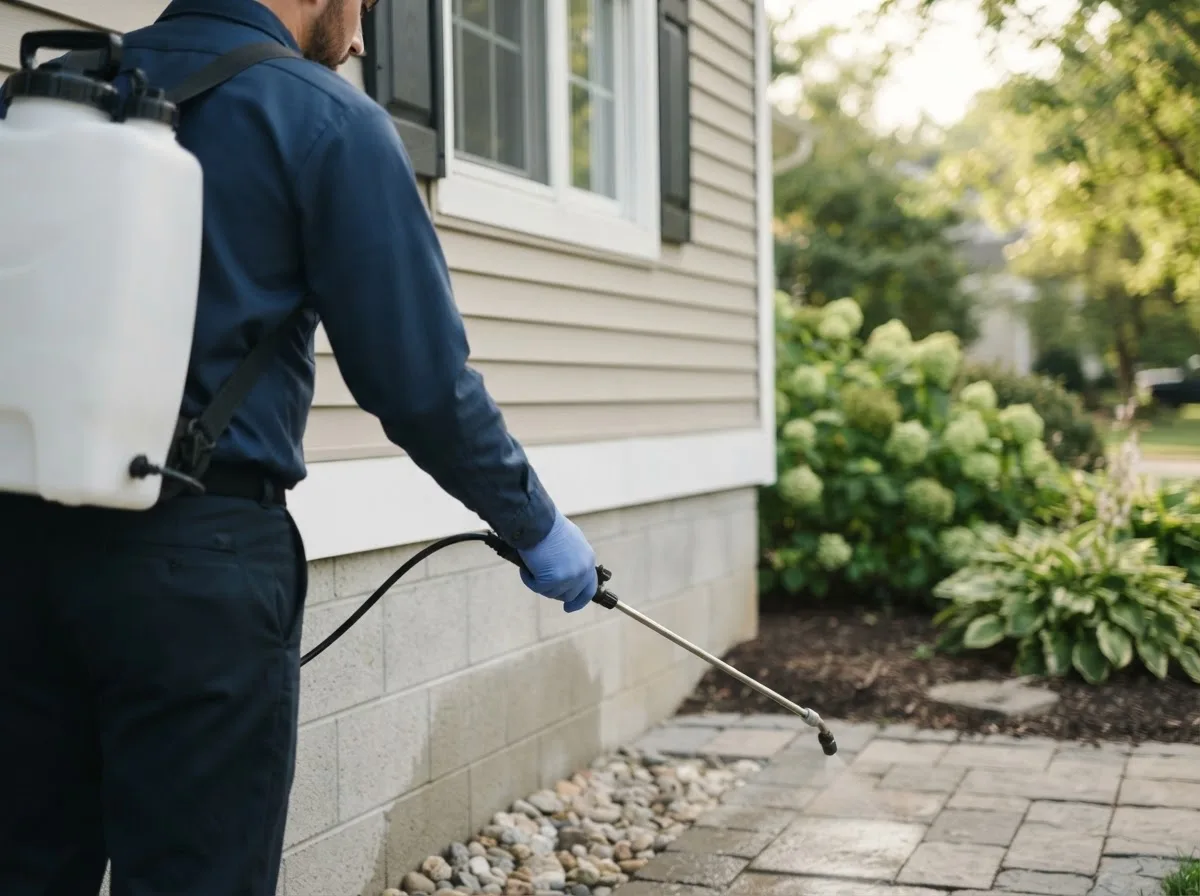 Pest control technician inspecting a home in Bledsoe, TX